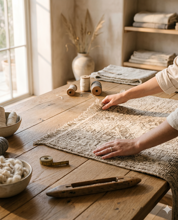 Hands crafting a handmade rug on a wooden table