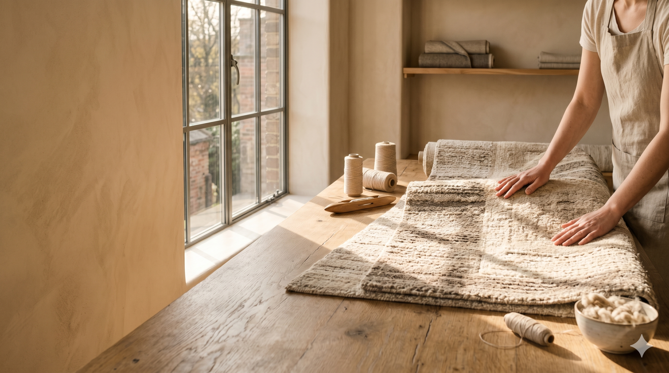 Person laying a handmade rug on the floor by a window